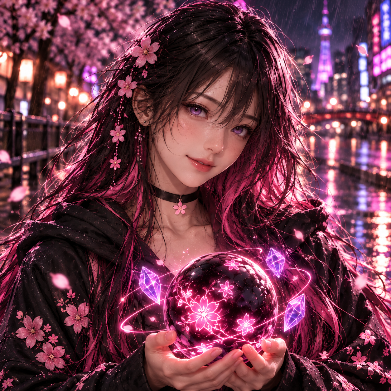 LUX 256 holding her dark orb with glowing pink cherry blossoms, in a rainy neon Tokyo street