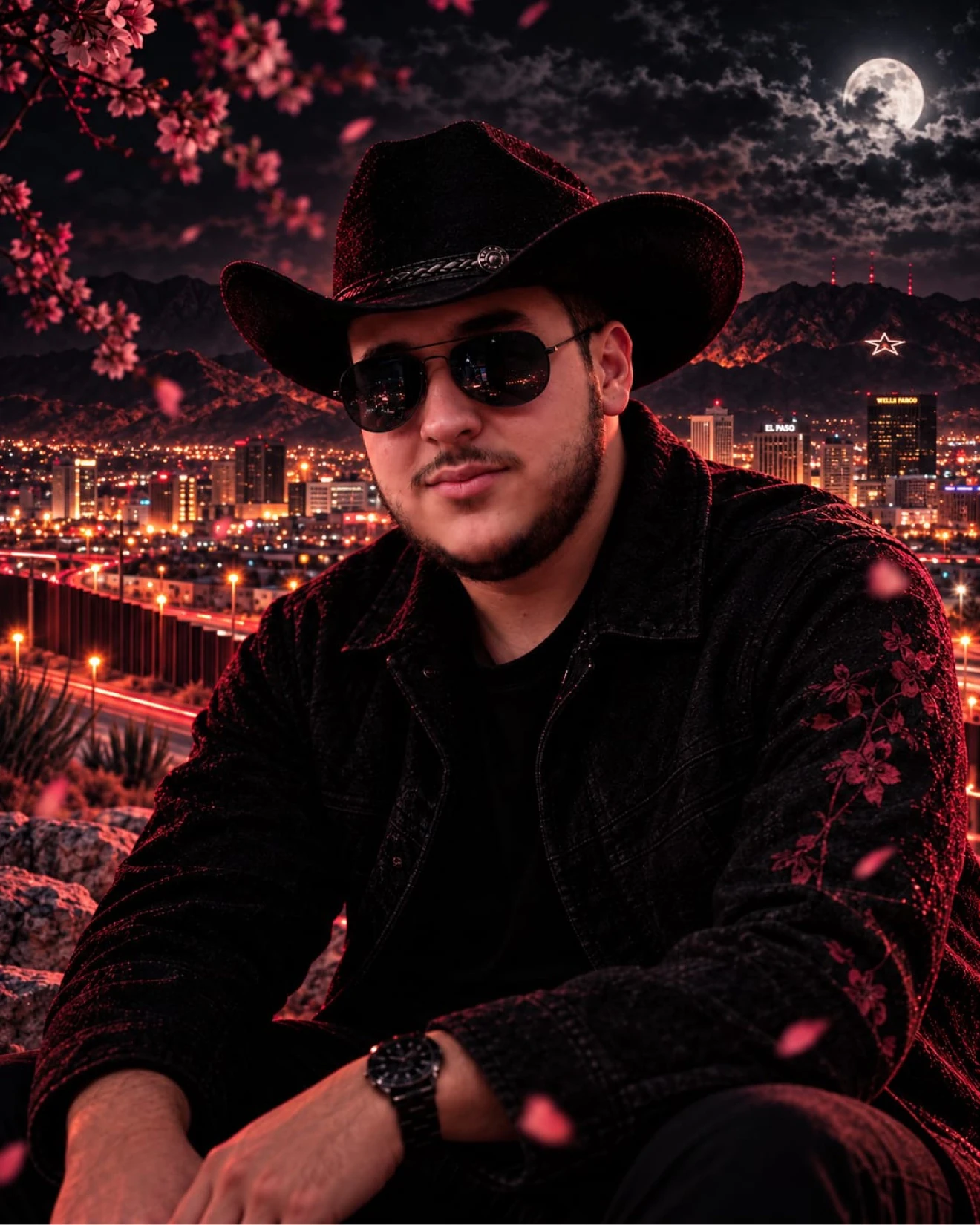 Firme R in a black cowboy hat and sunglasses against the El Paso skyline at night