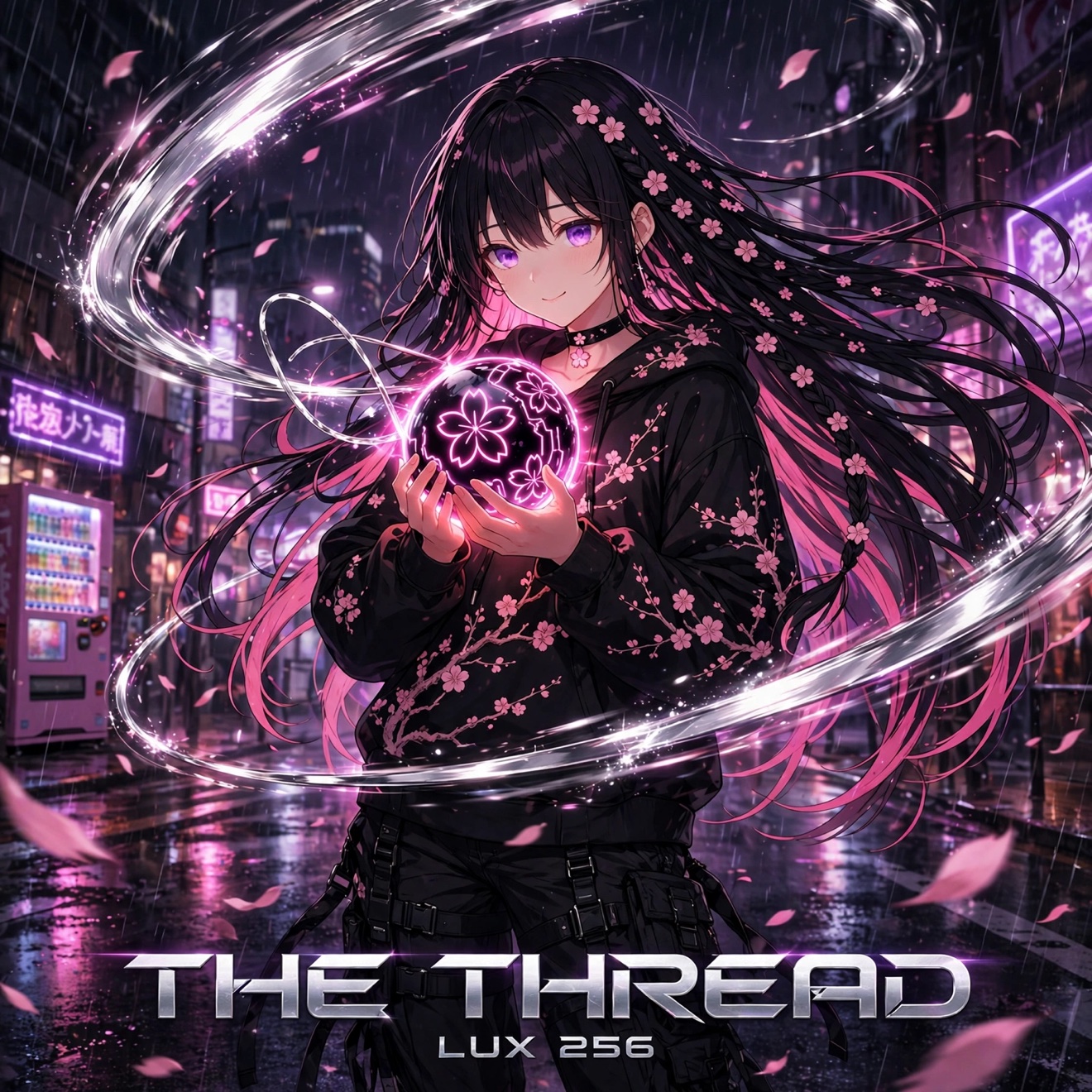 THE THREAD — LUX 256 cover art: Lux holding her glowing sakura orb while a silver thread loops around her in a rainy neon Tokyo street