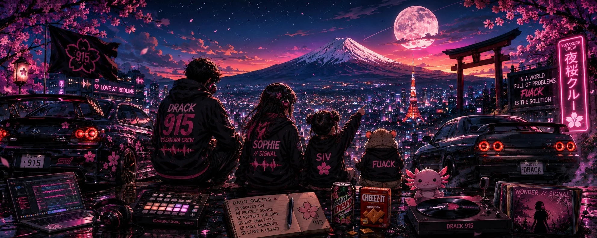 The Yozakura artist crew overlooking a neon city beneath cherry blossoms and a full moon